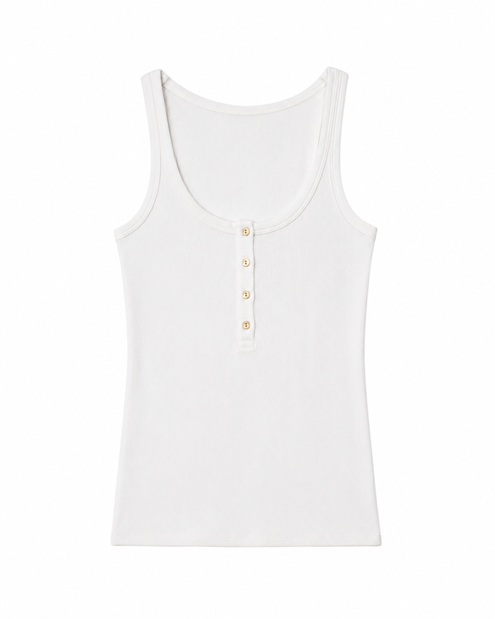 Ribbed cotton henley tank top with gold buttons