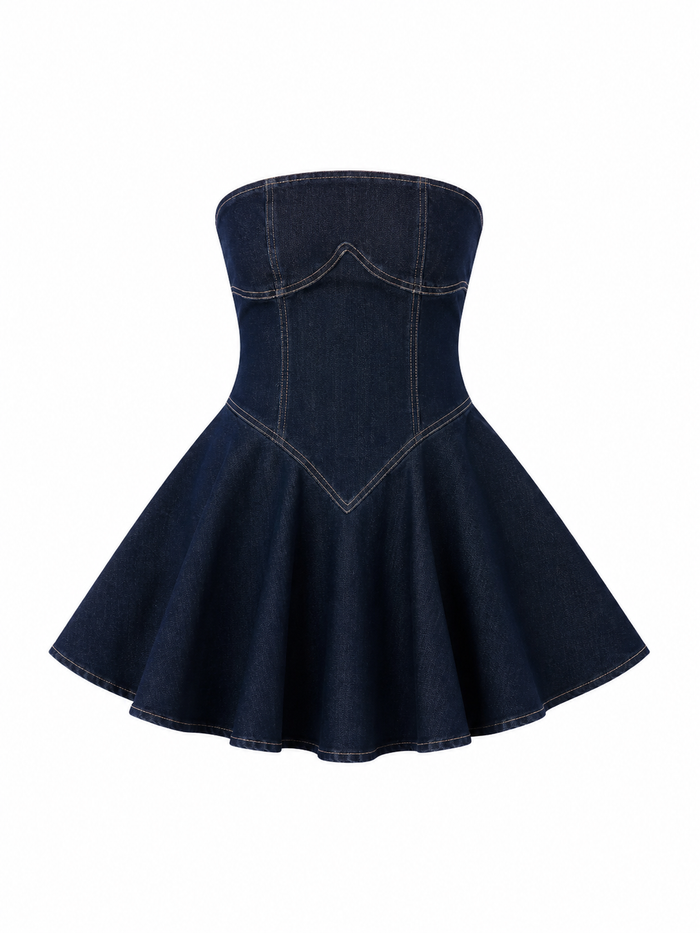 Dark wash strapless denim drop-waist skater dress