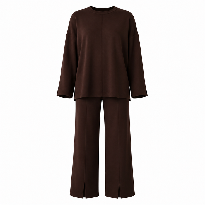 Soft knit crewneck sweater and wide-leg trousers brown loungewear co-ord set