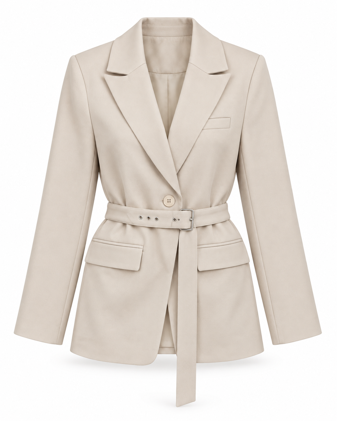 Single -breasted notch-lapel belted tailored blazer with eyelet waist belt