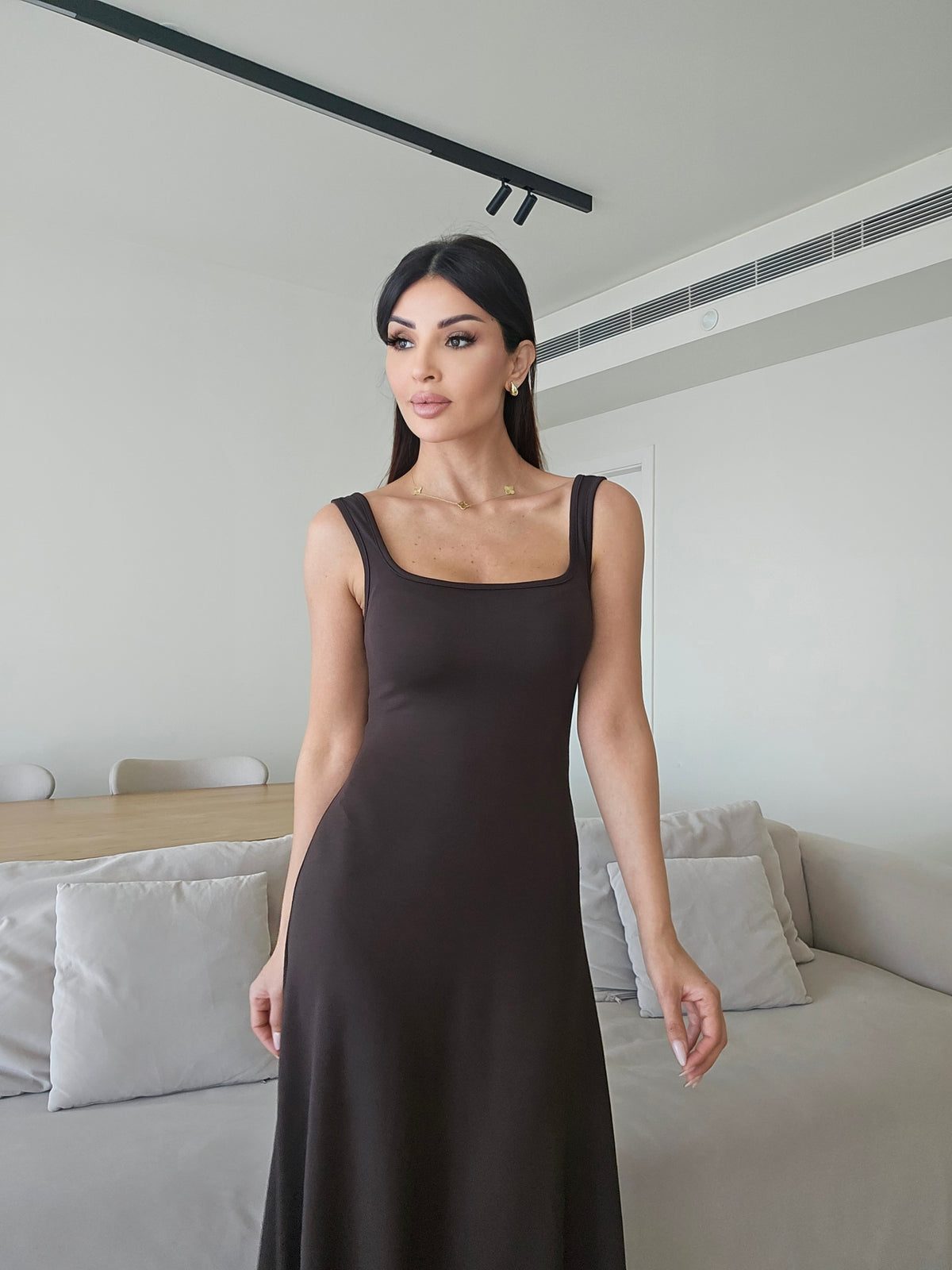 Sleeveless square-neck A-line midi dress