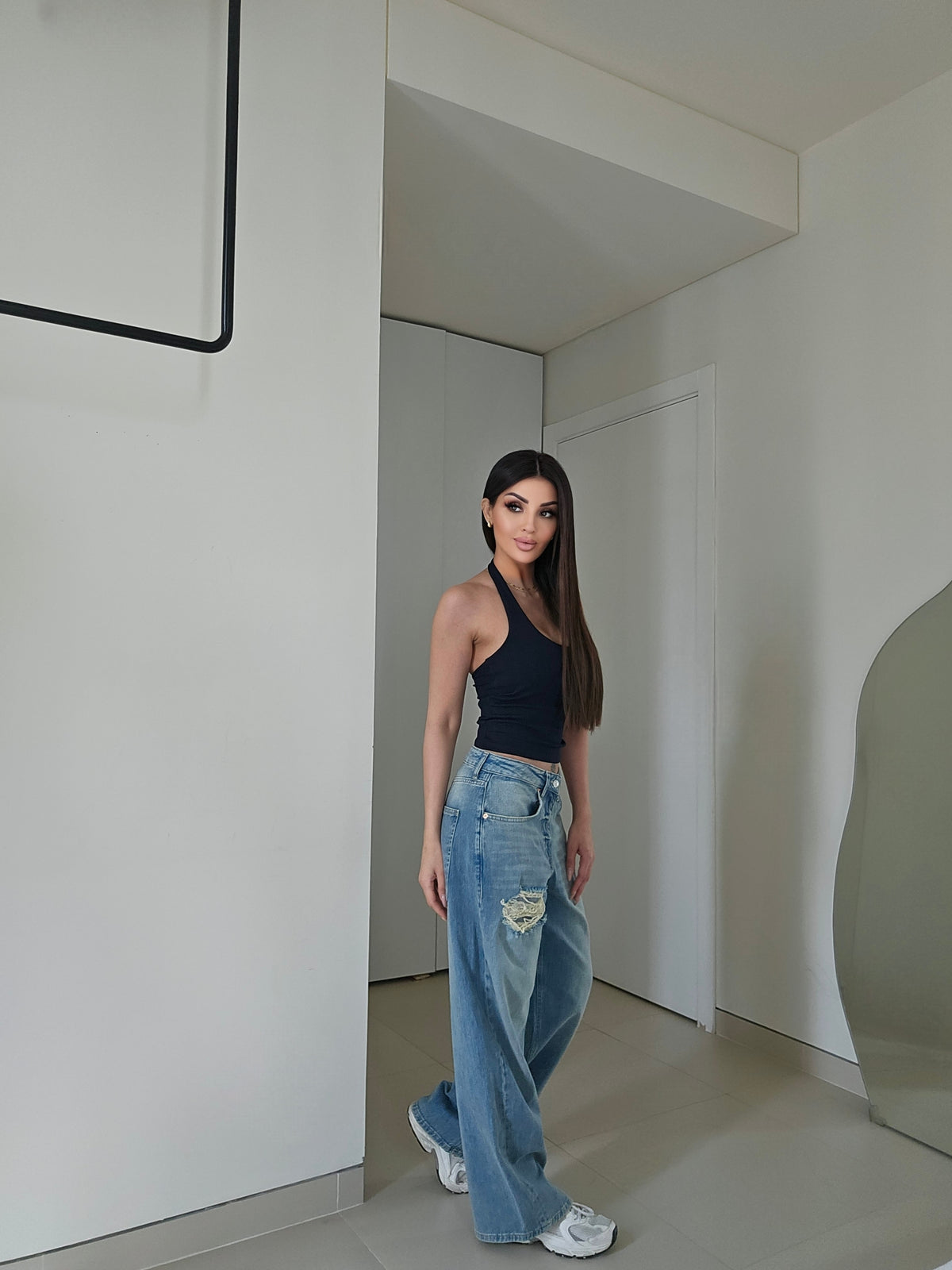 Scoop-neck halter cotton tank top