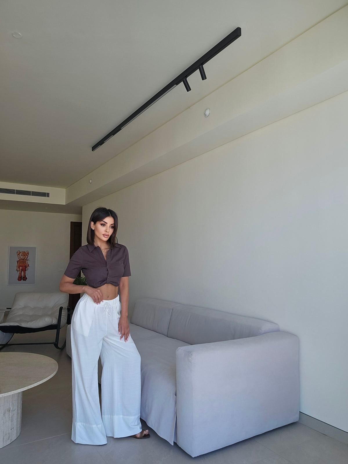 Linen wide-leg drawstring pants