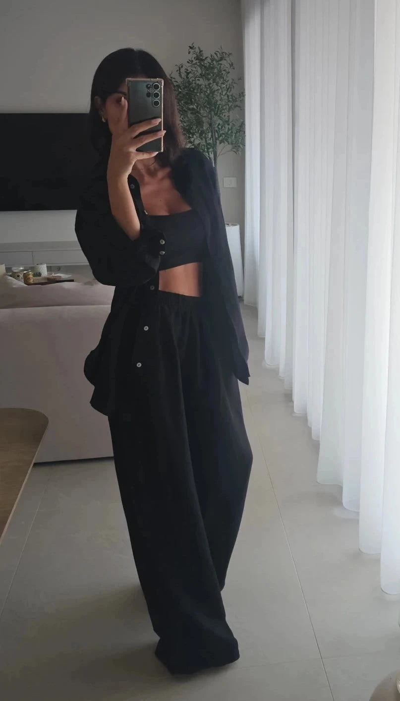 Black linen button-down shirt and elastic-waist wide-leg pants set