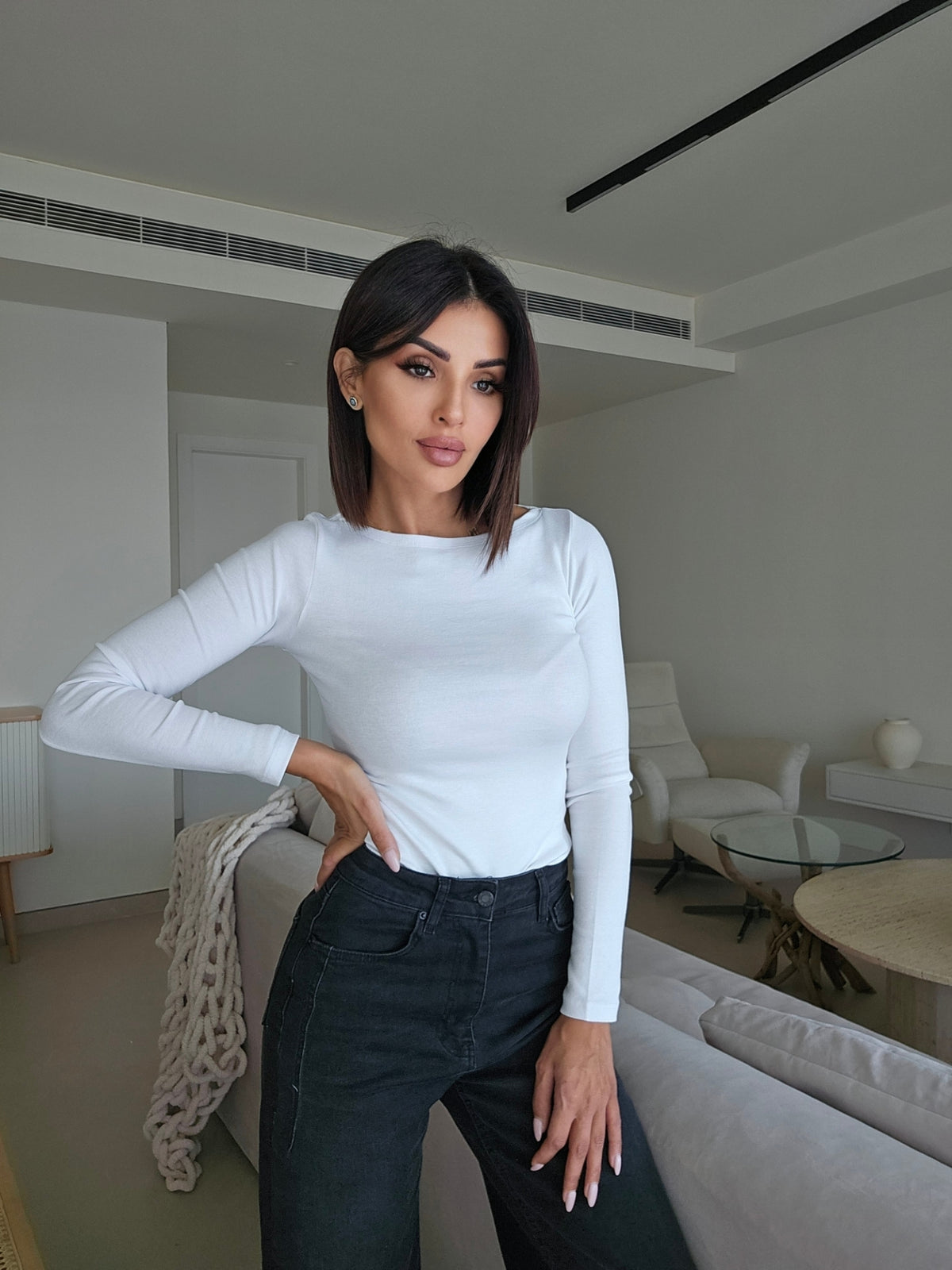 Long-sleeve boatneck basic cotton top