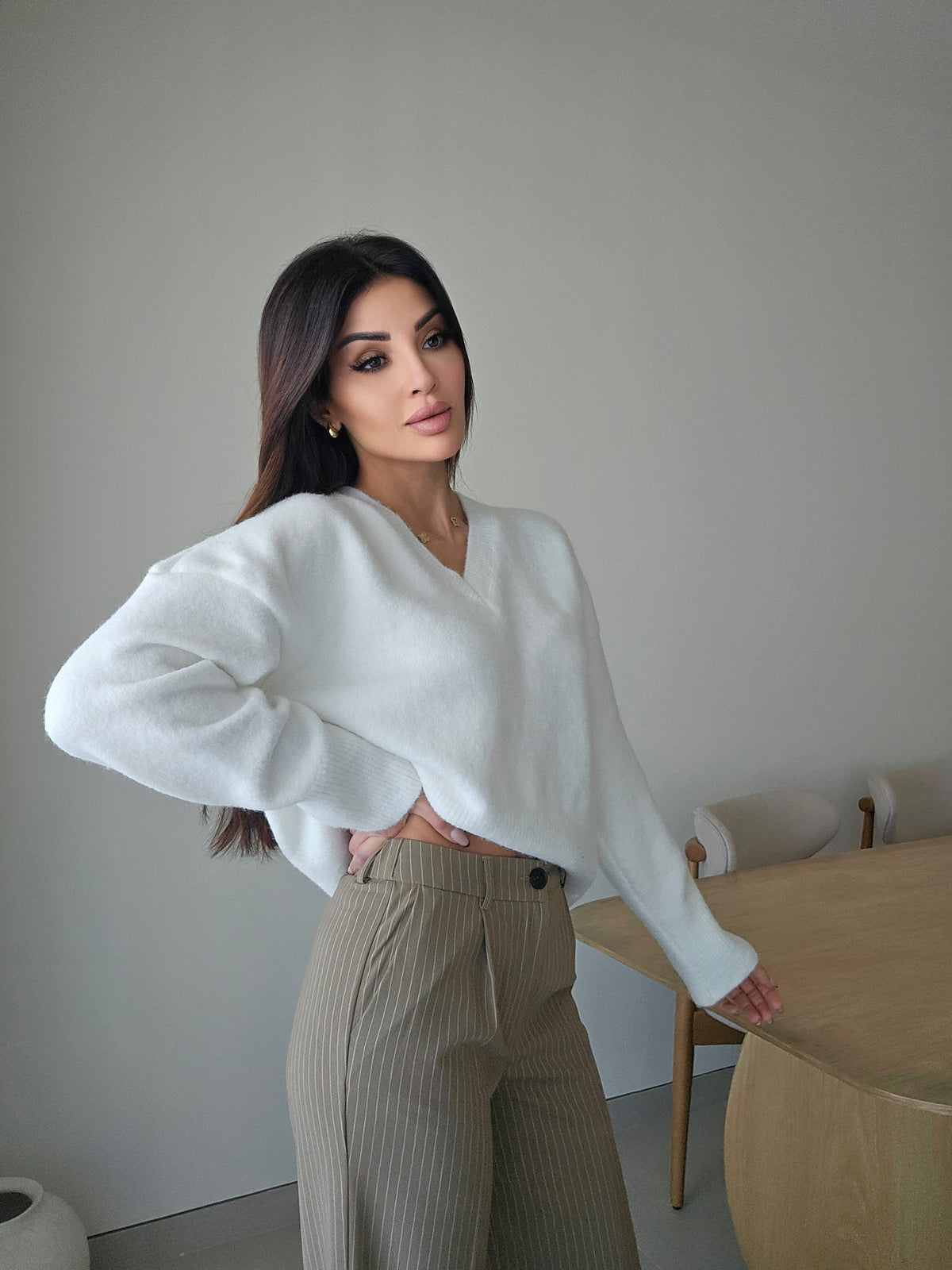 Khaki mid waist pinstripe wide-leg trousers