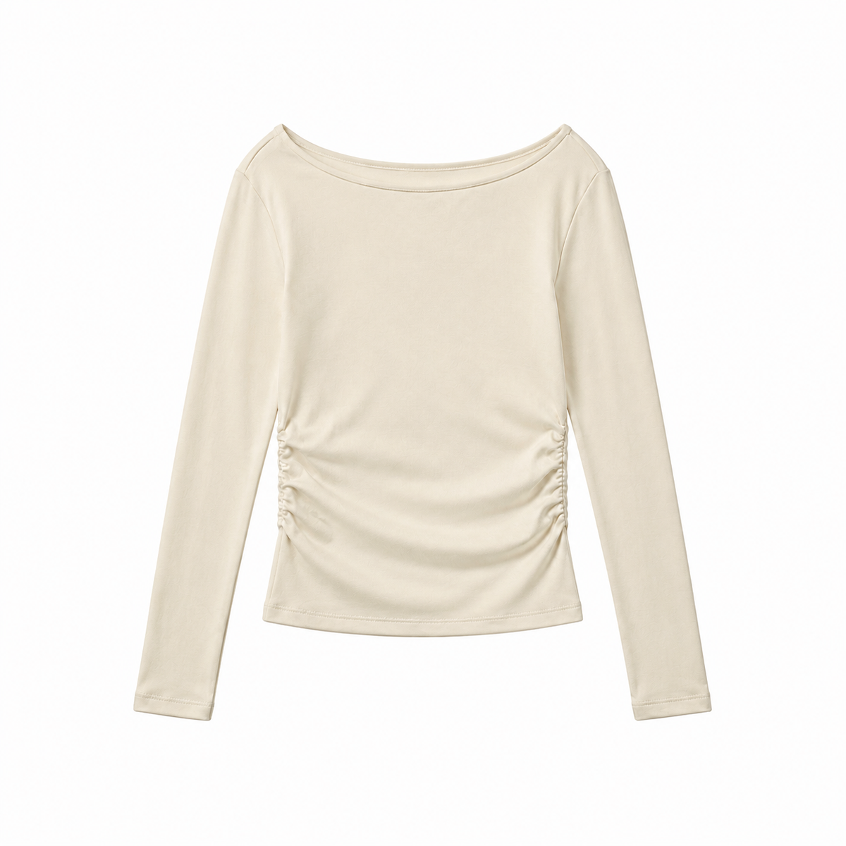 Long-sleeve crewneck side-cinched cotton top