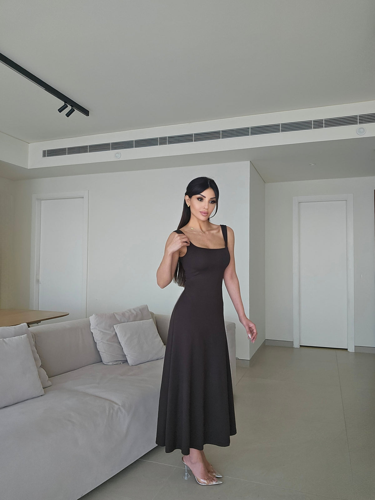 Sleeveless square-neck A-line midi dress