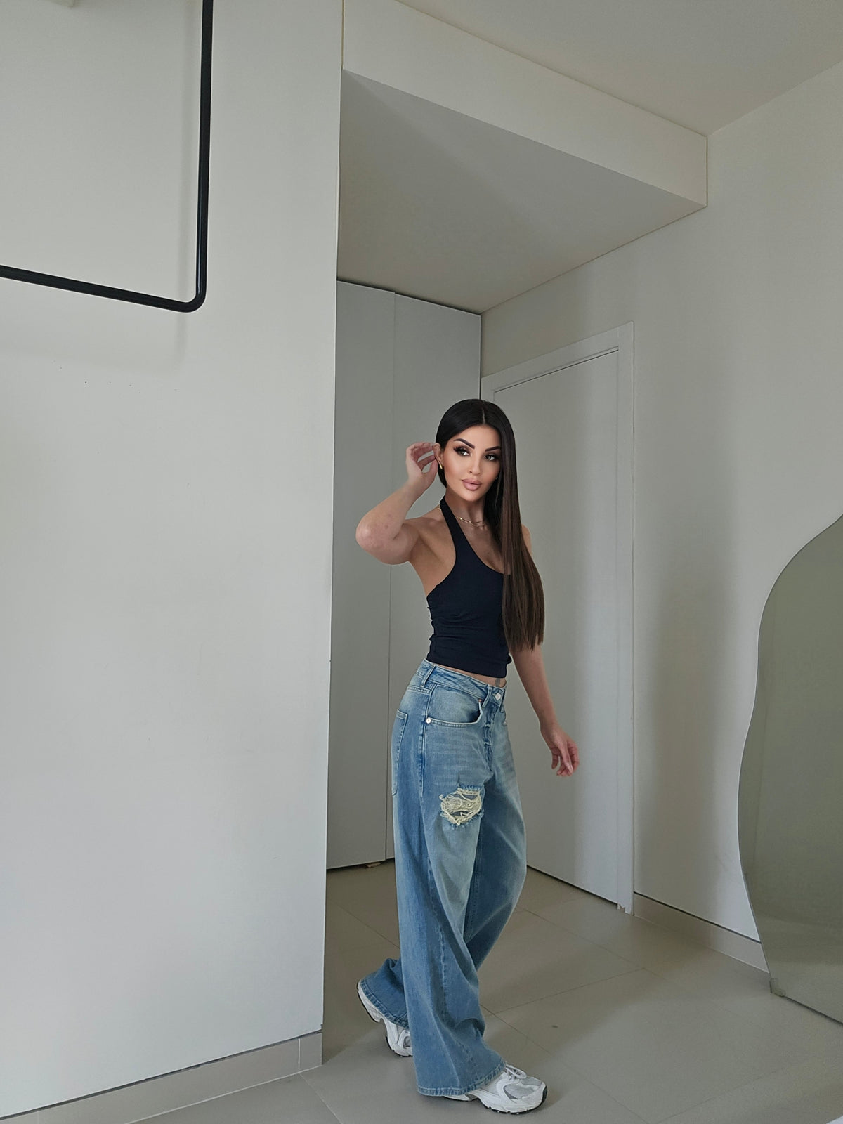 Scoop-neck halter cotton tank top