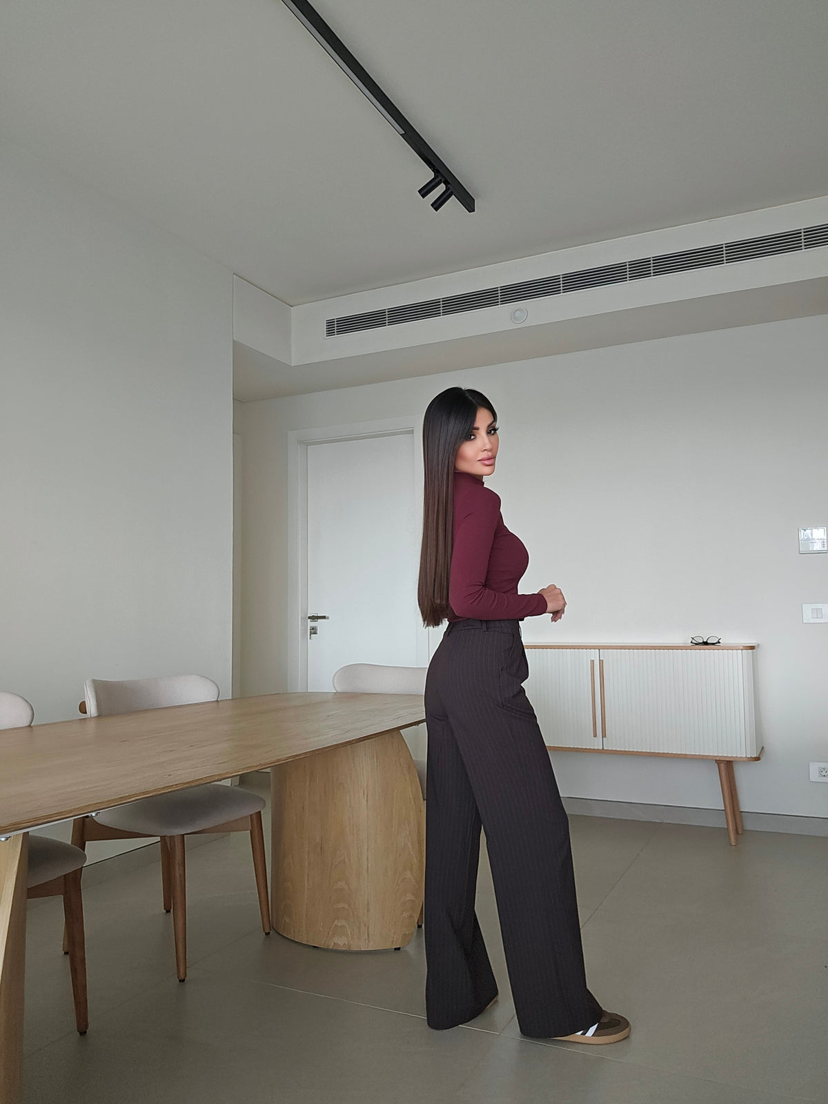 High-waisted pinstripe wide-leg striped brown trousers