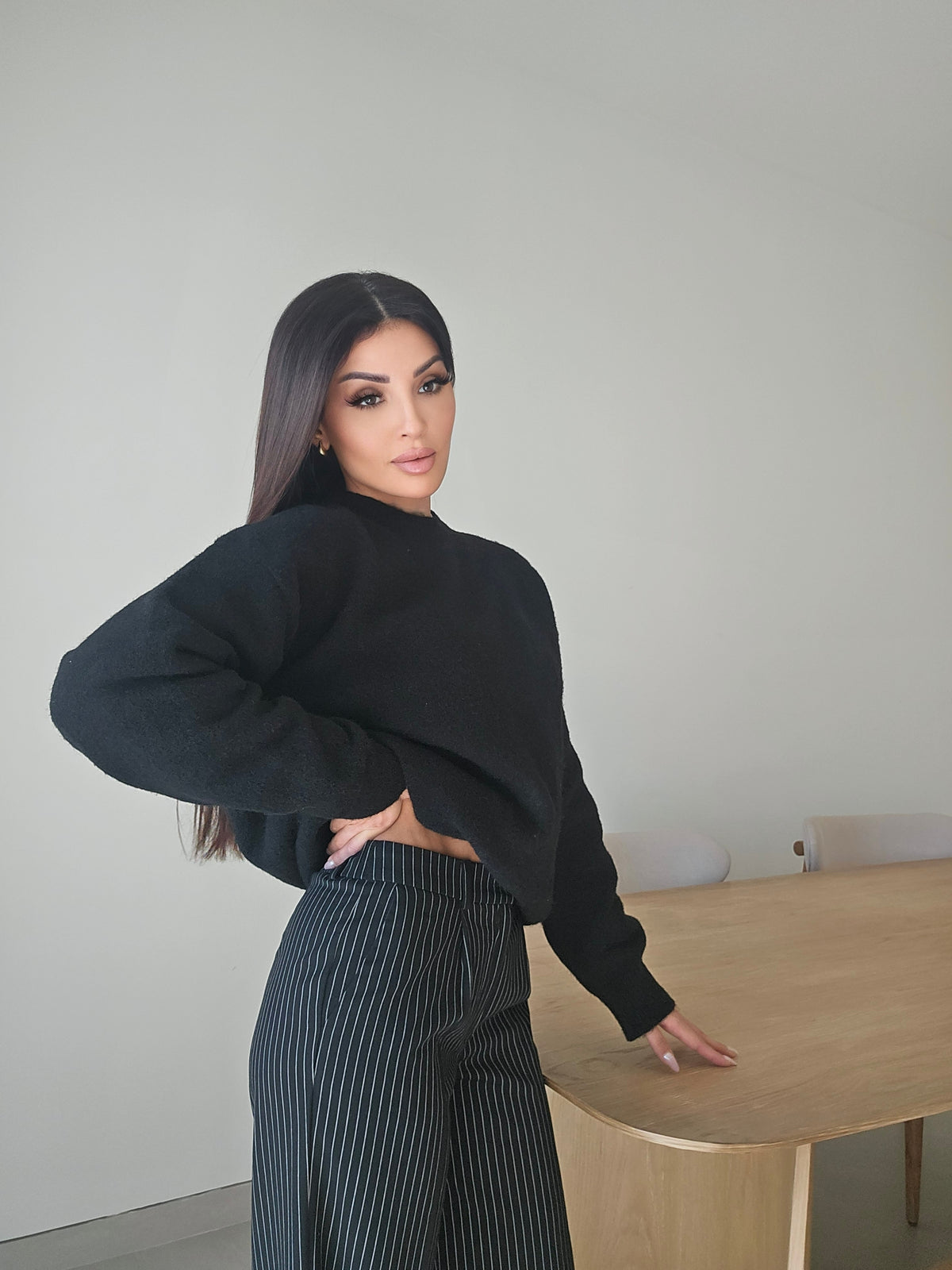 Khaki mid waist pinstripe wide-leg trousers