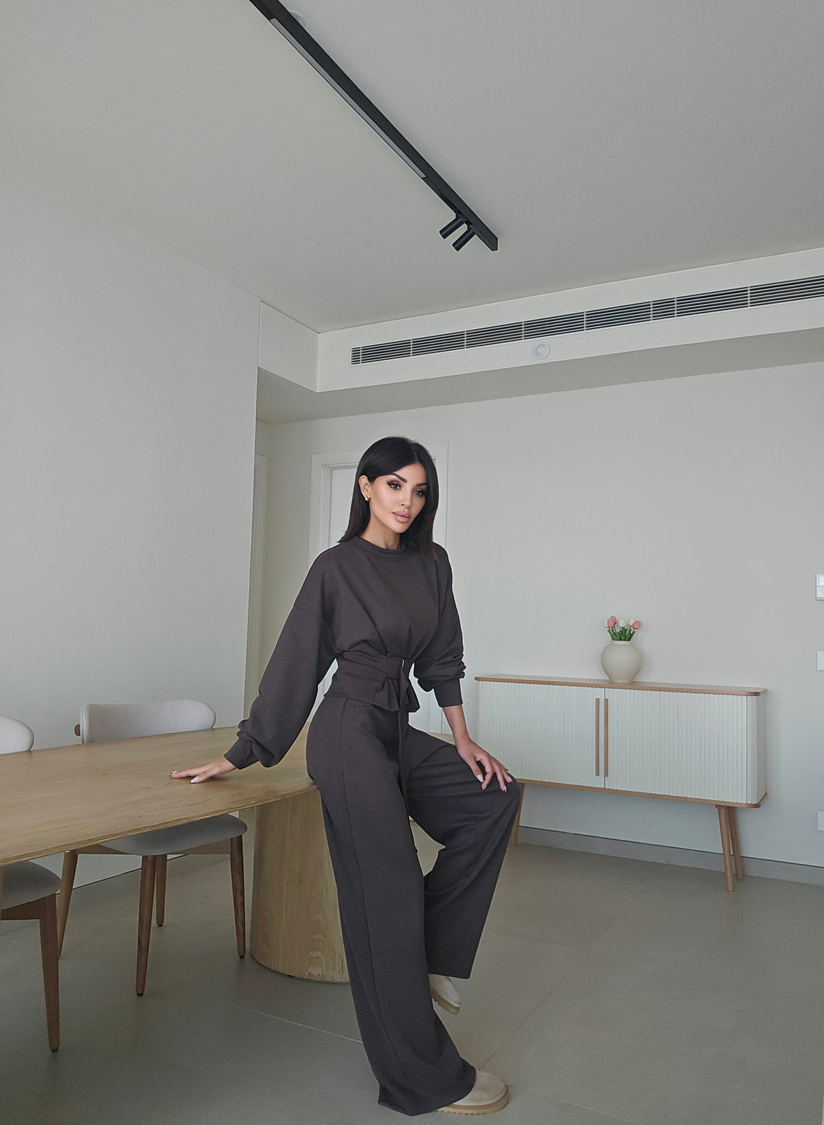 Two-piece wide-leg modal knit trouser and top set with a waist-belt detail