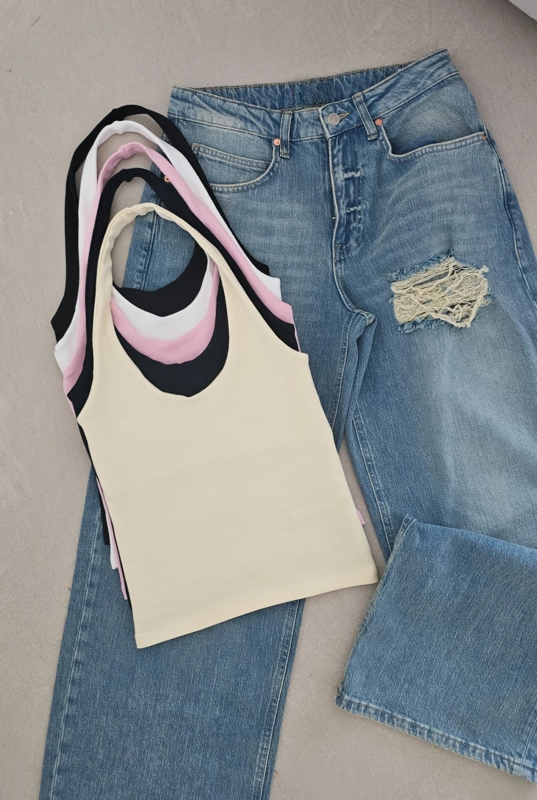 Scoop-neck halter cotton tank top