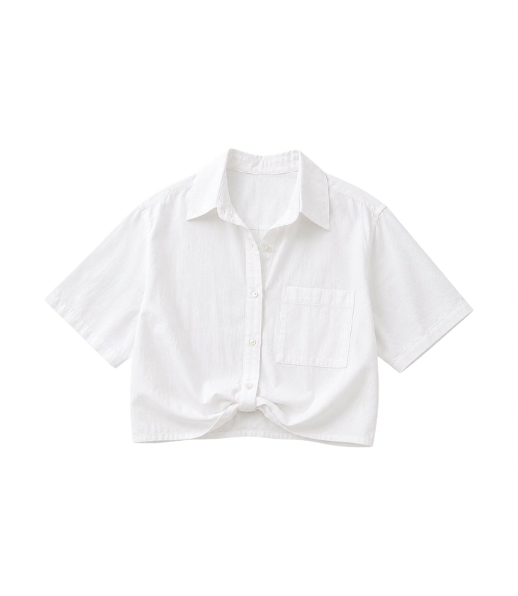 White short-sleeve tie-front cropped button-up shirt