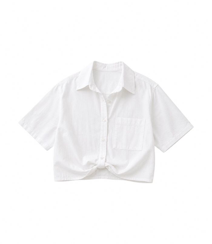 White short-sleeve tie-front cropped button-up shirt