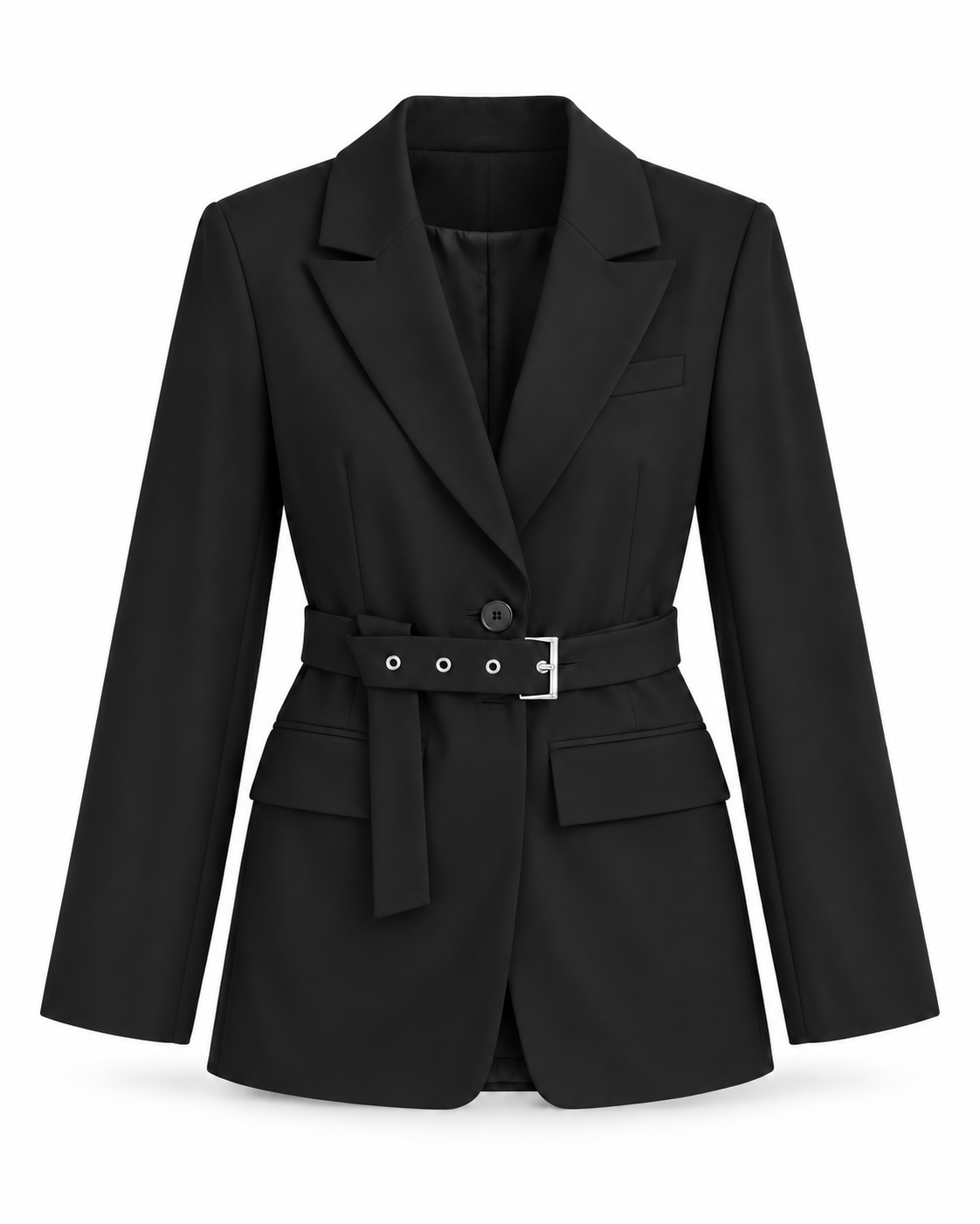 Single -breasted notch-lapel belted tailored blazer with eyelet waist belt