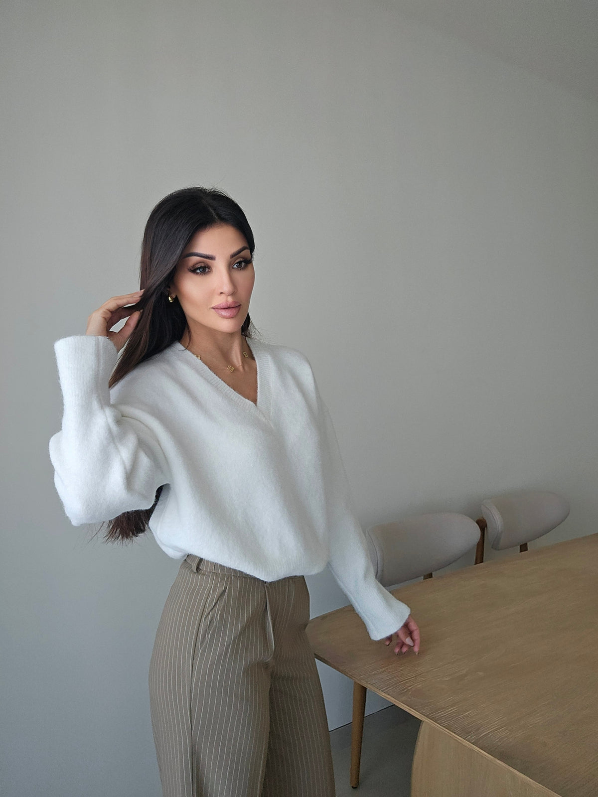 Ecru v-neck soft knit sweater
