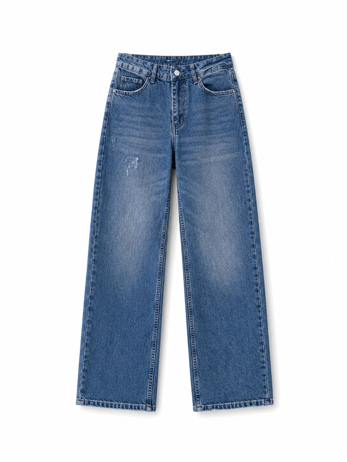 Medium-wash high-rise wide-leg denim jeans