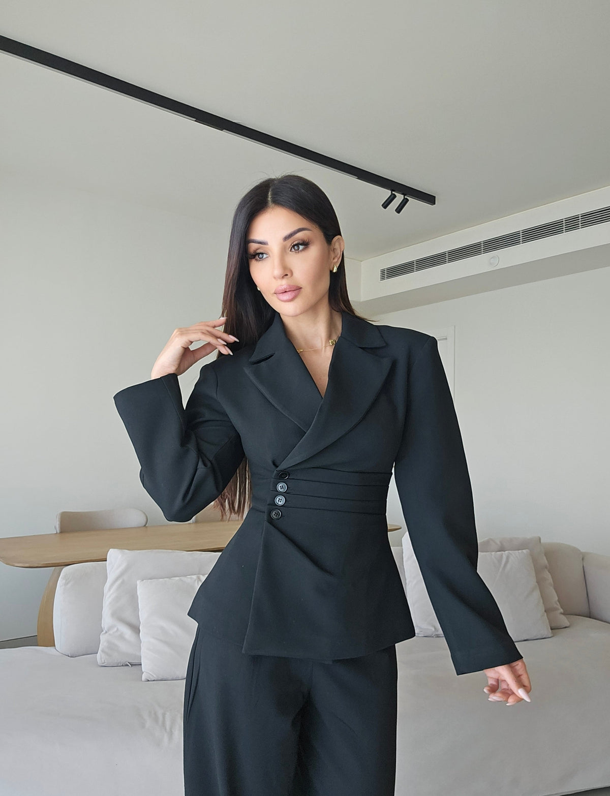 Asymmetric wrap blazer and wide-leg pants suit set