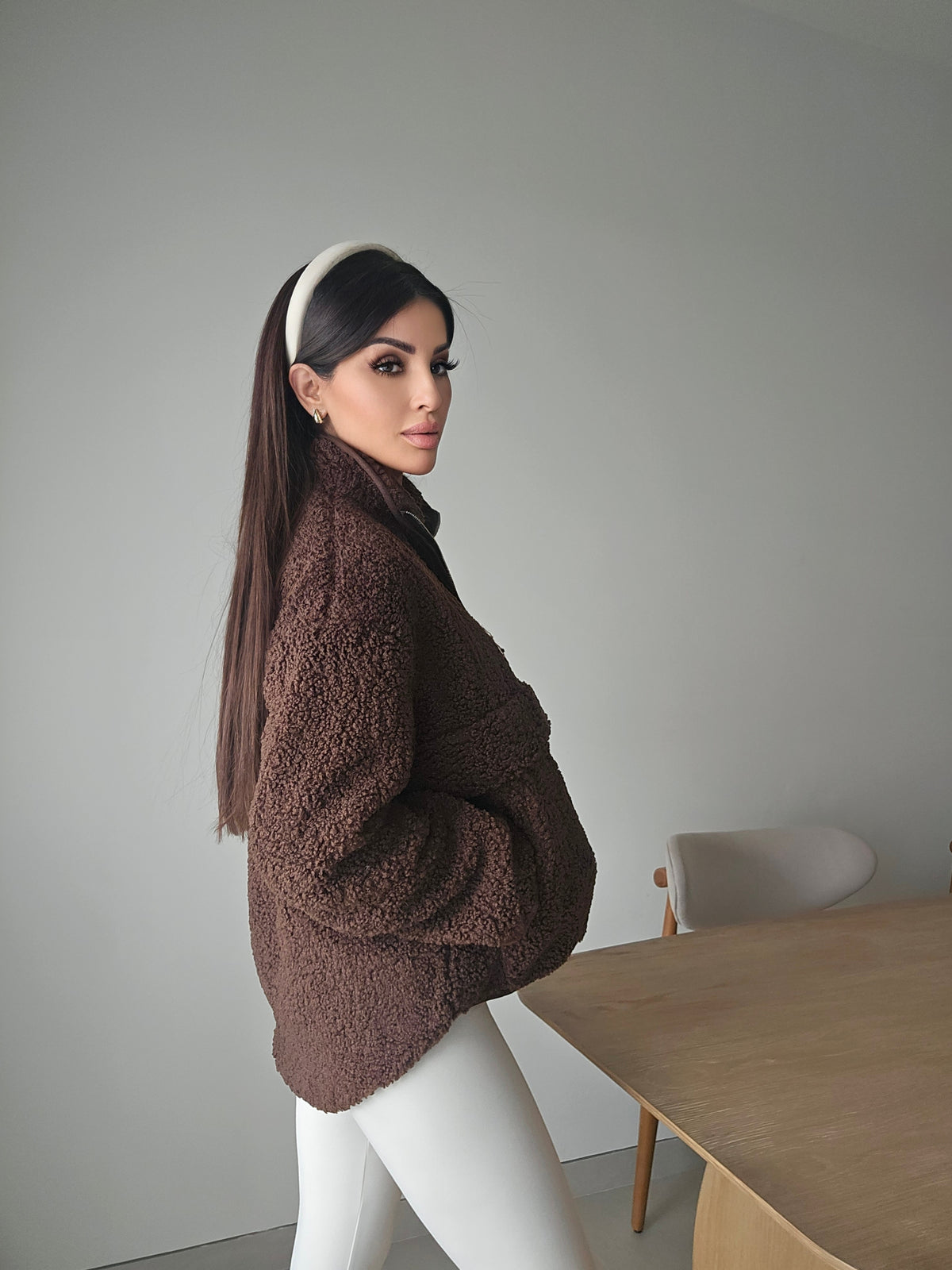 Brown teddy fleece half-zip pullover sweater