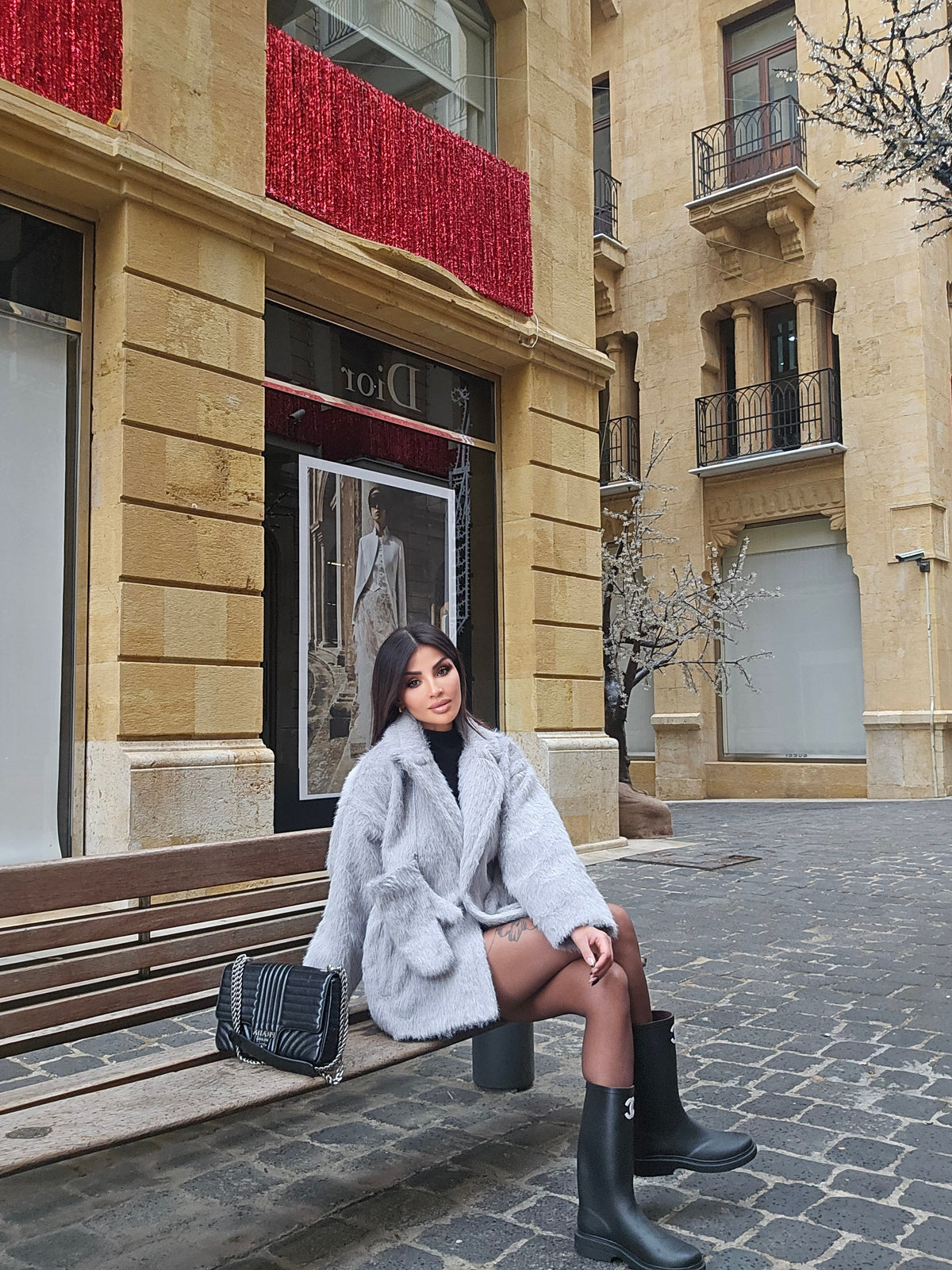 Oversized light grey faux-fur teddy coat with matching built-in mittens