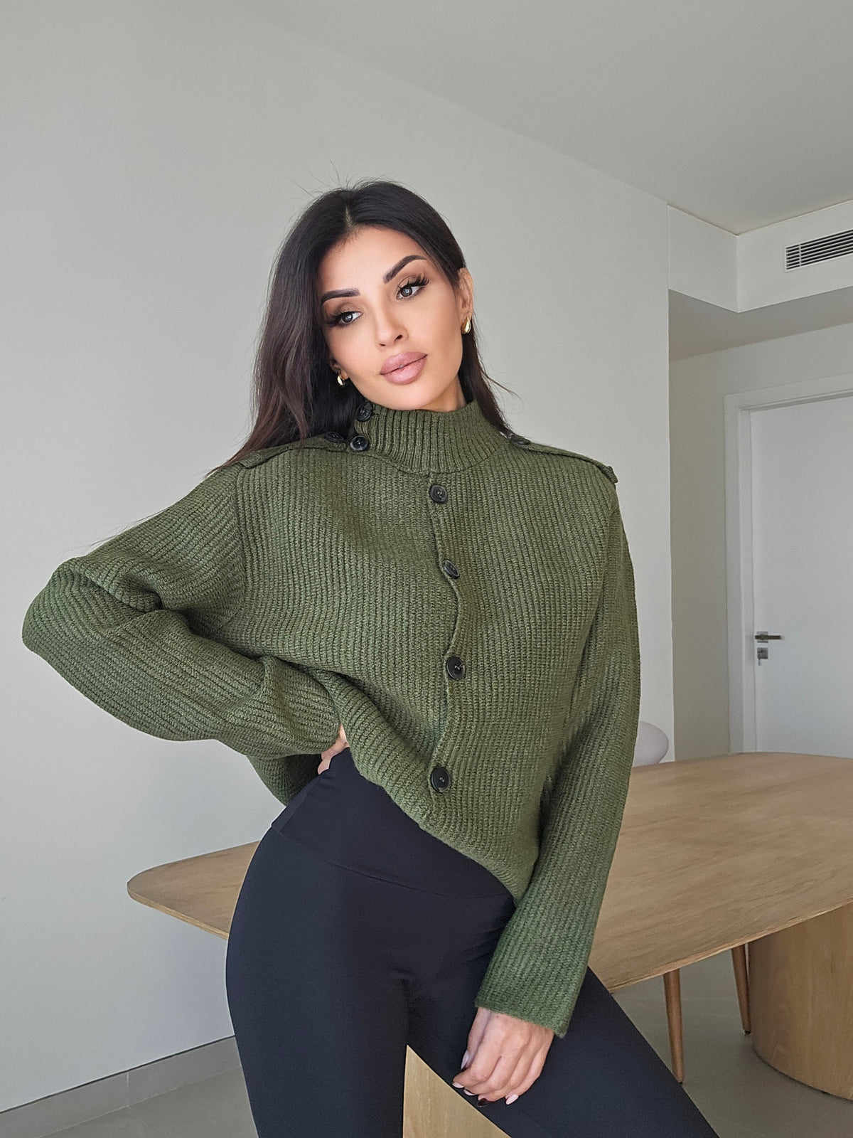 Ribbed funnel-neck cardigan with button details