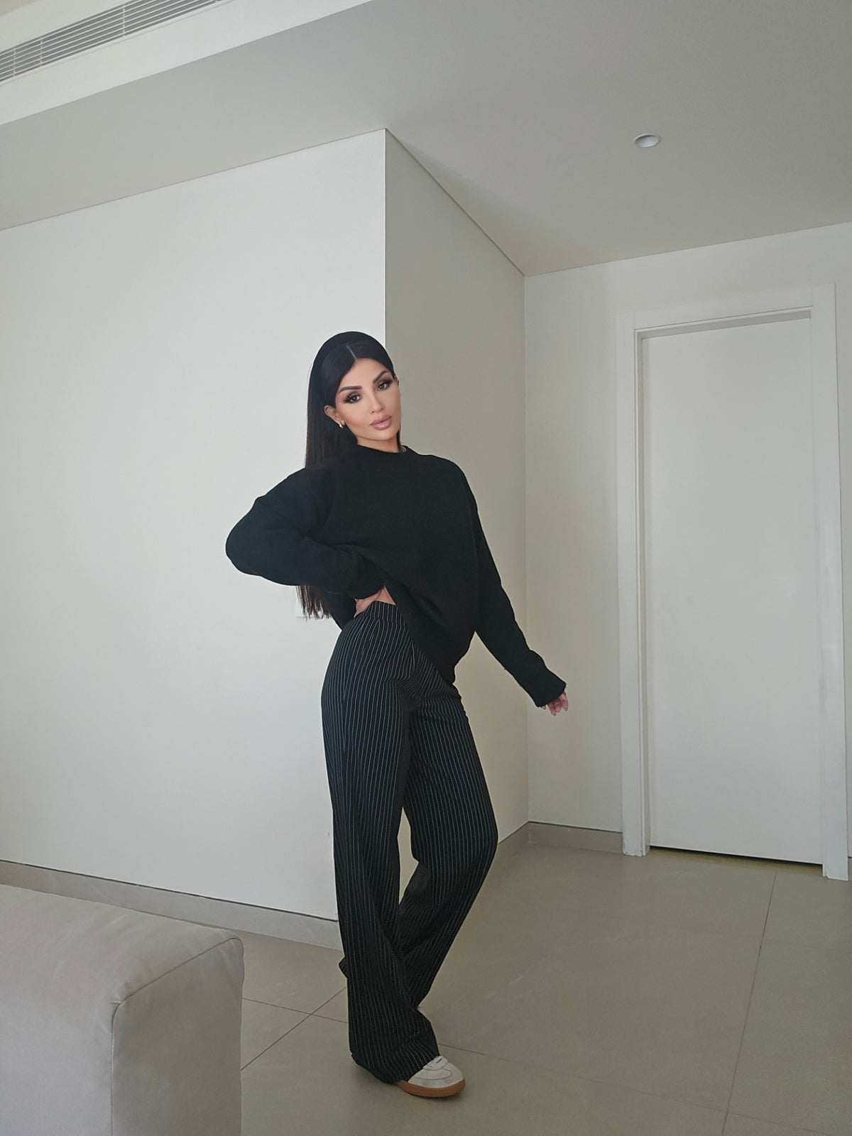 Khaki mid waist pinstripe wide-leg trousers