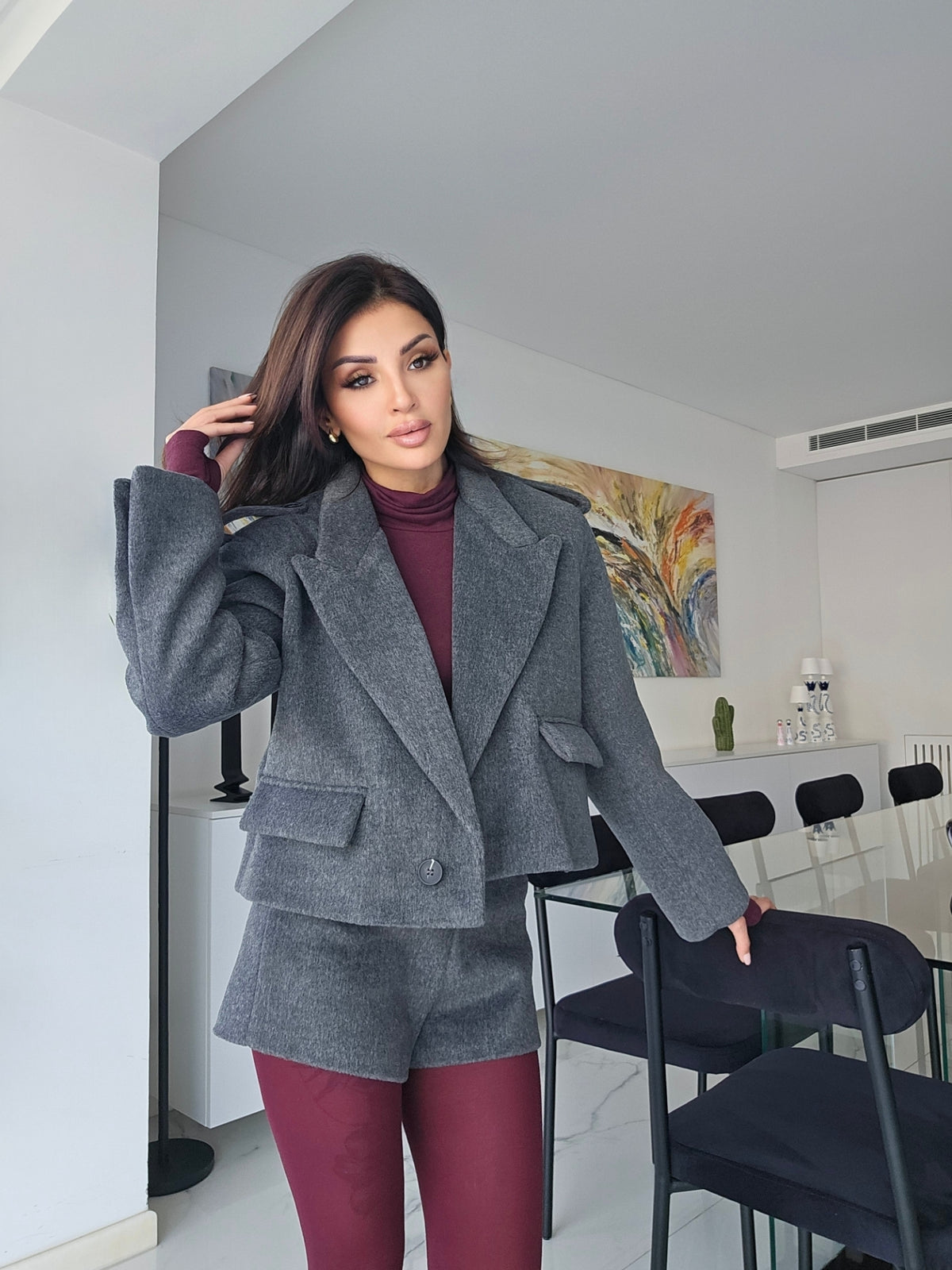 Tailored cropped oversized blazer and shorts wool co-ord set