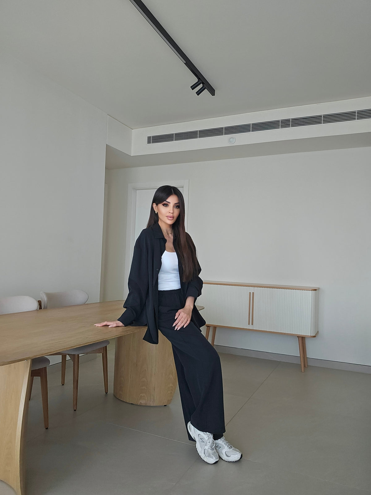 Oversized button-down shirt with open back and wide-leg pants lounge co-ord set
