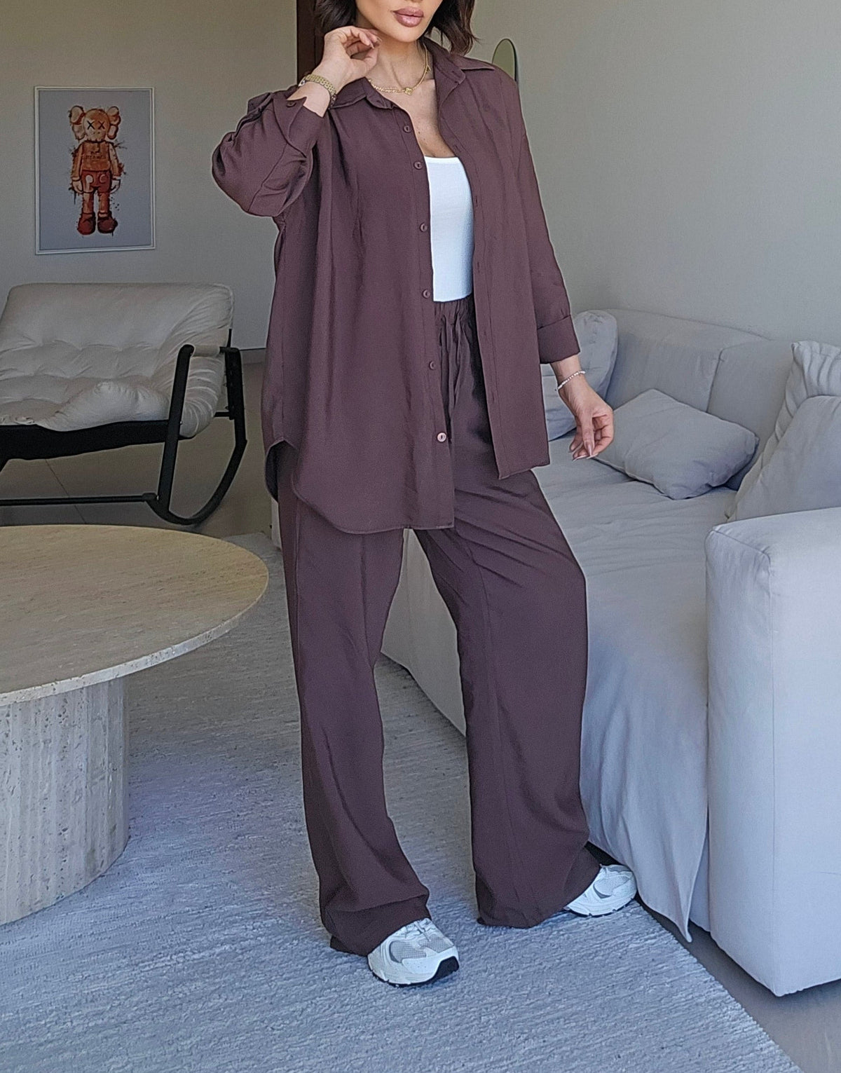 Chocolate brown button-down shirt and elastic-waist wide-leg pants set