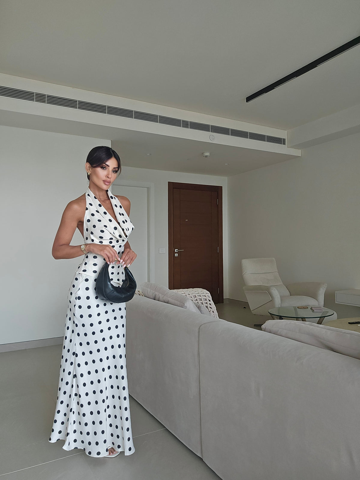 Polka dot print cowl-neck halter top and midi skirt matching set