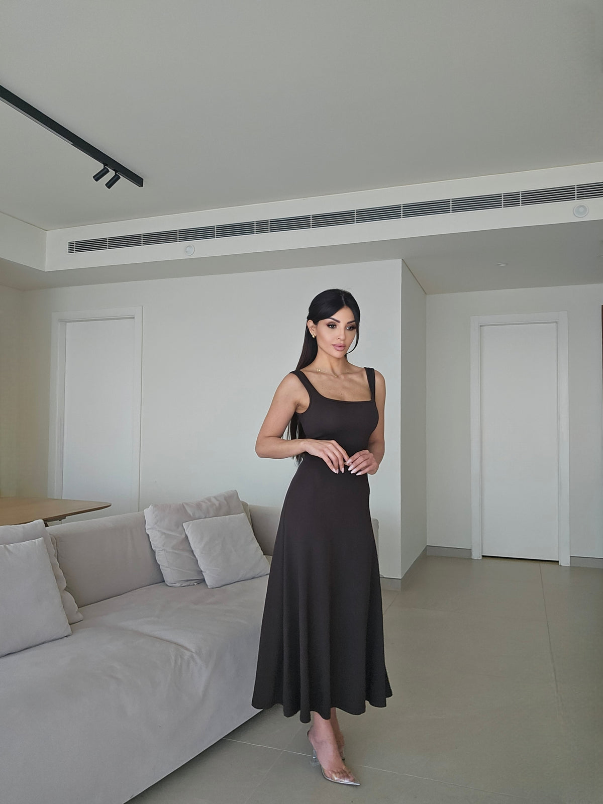 Sleeveless square-neck A-line midi dress