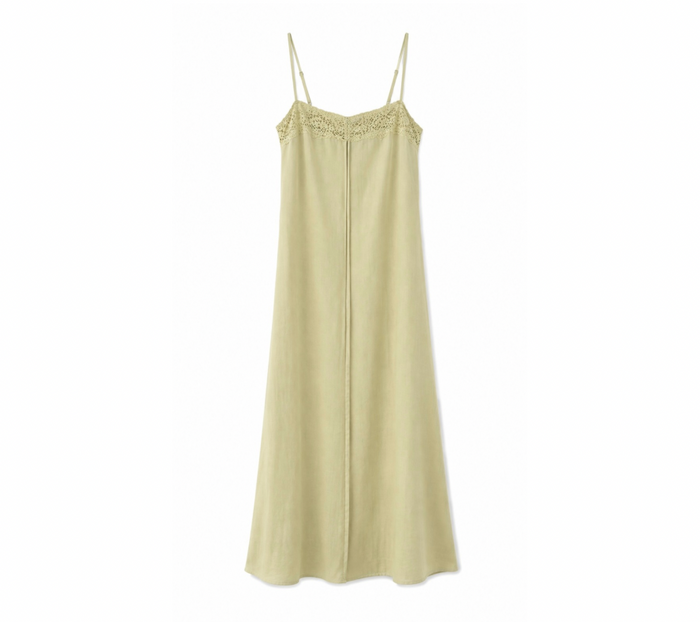 Linen lace-trim midi slip dress