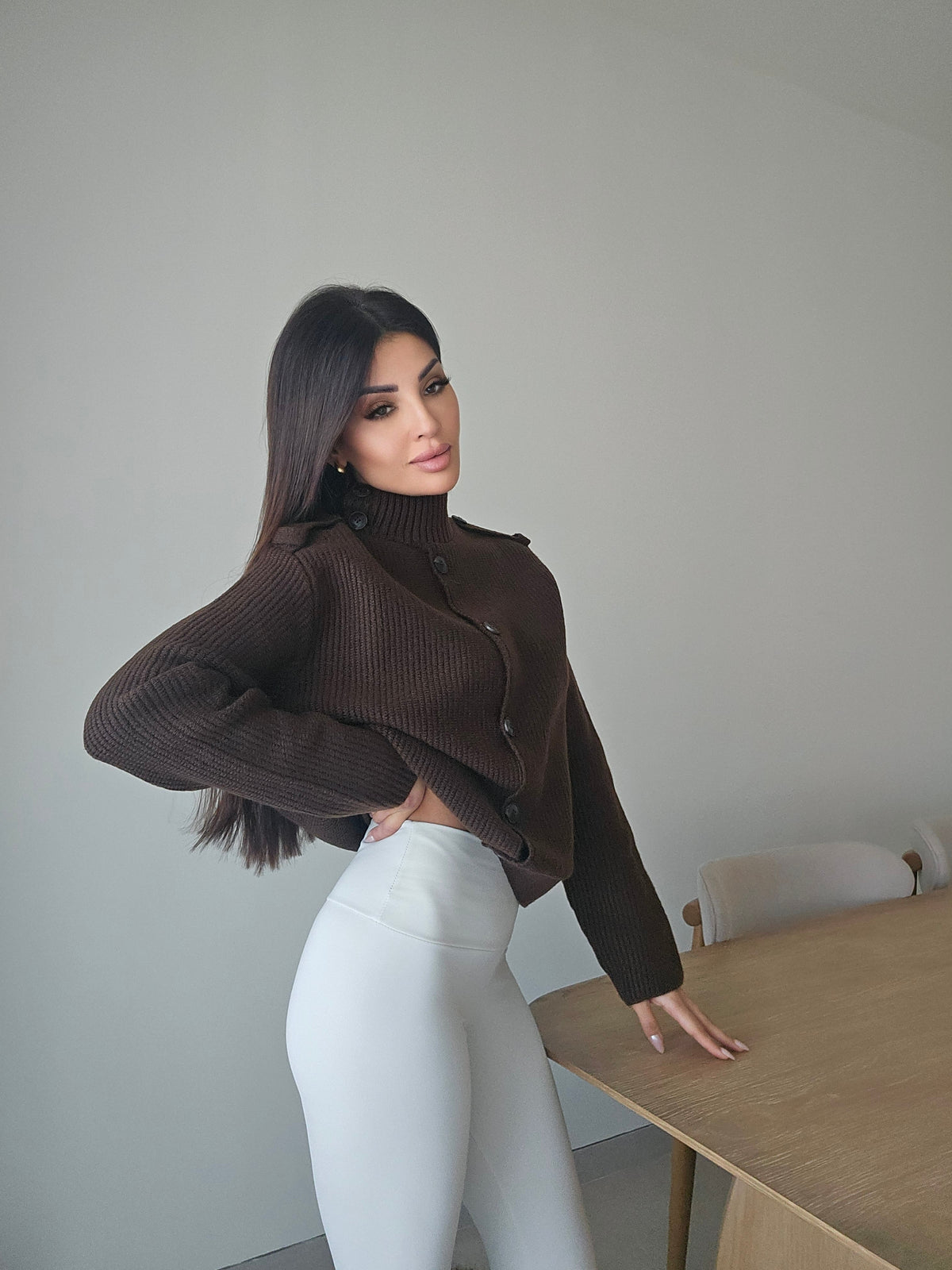 Ribbed funnel-neck cardigan with button details