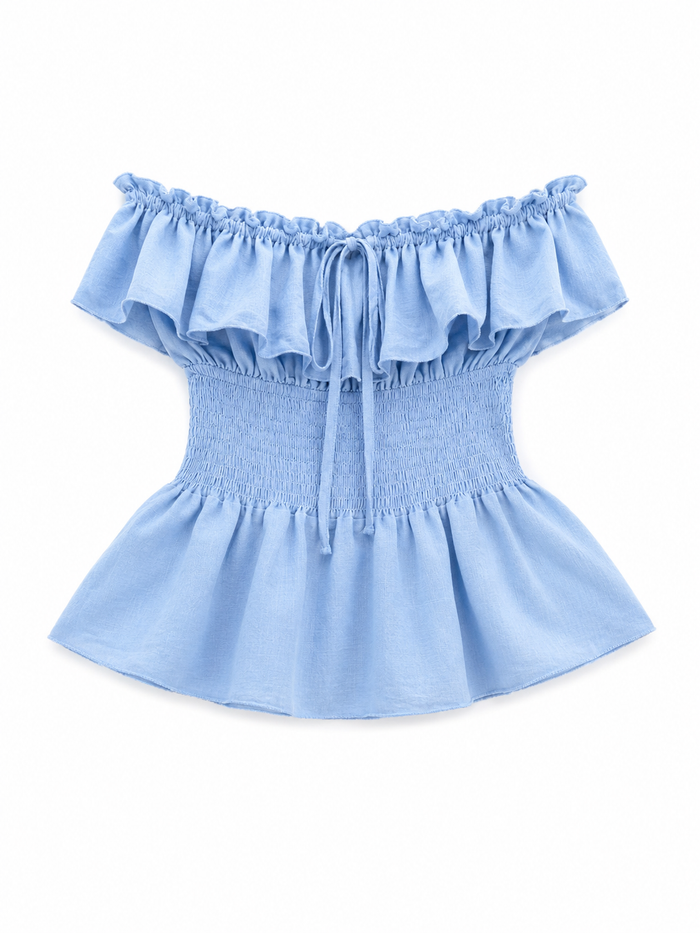 Off-the-shoulder strapless smocked peplum top