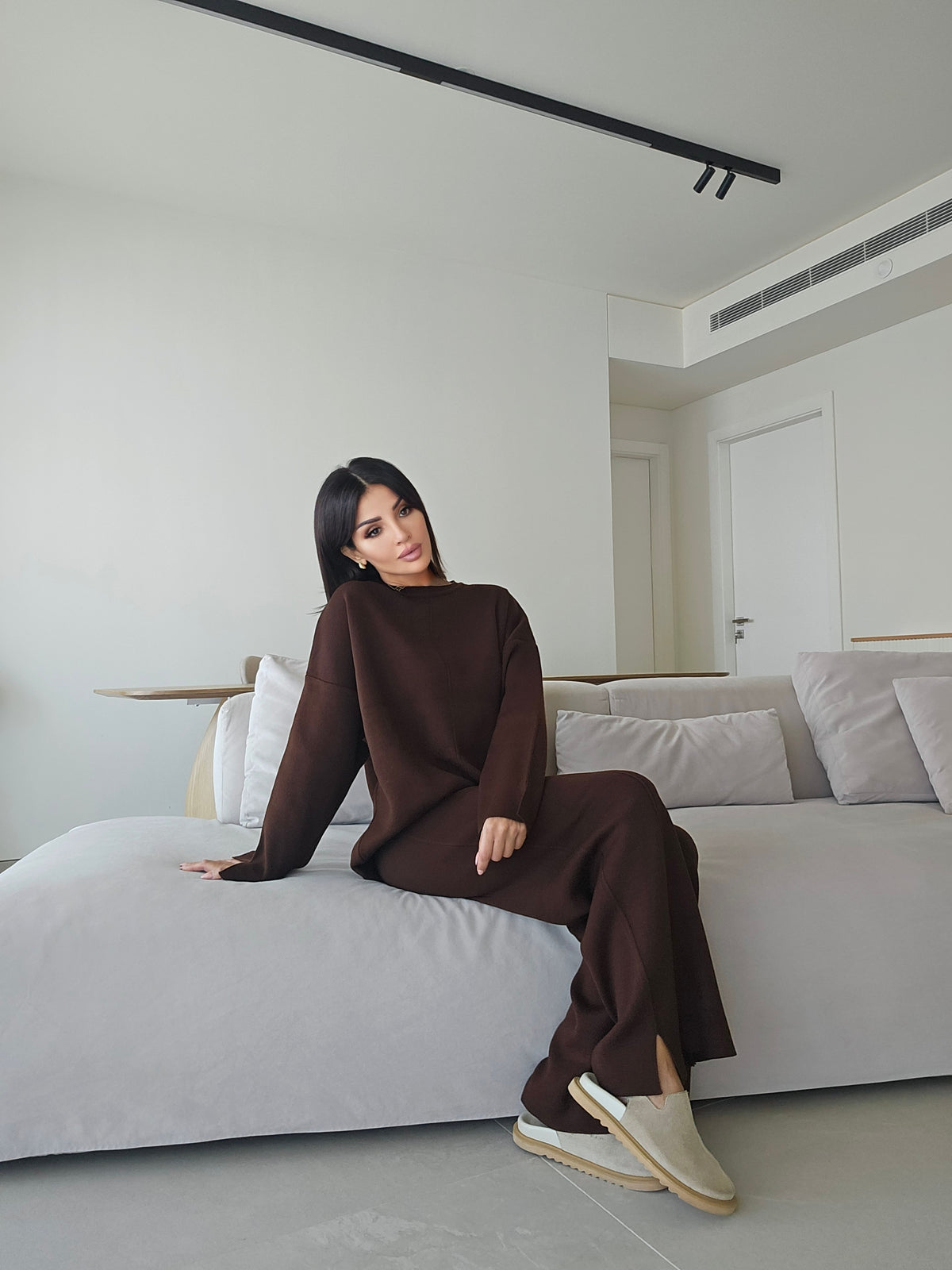 Soft knit crewneck sweater and wide-leg trousers brown loungewear co-ord set