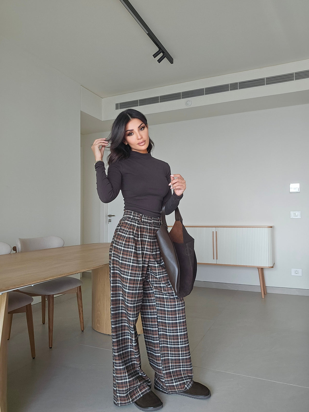 High-waist wide-leg plaid brown trousers