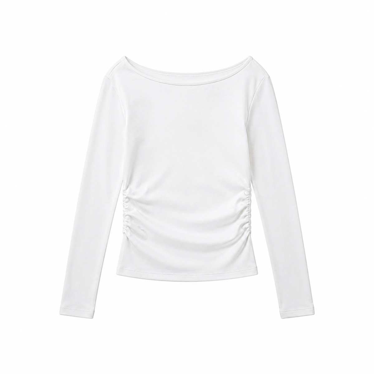 Long-sleeve crewneck side-cinched cotton top