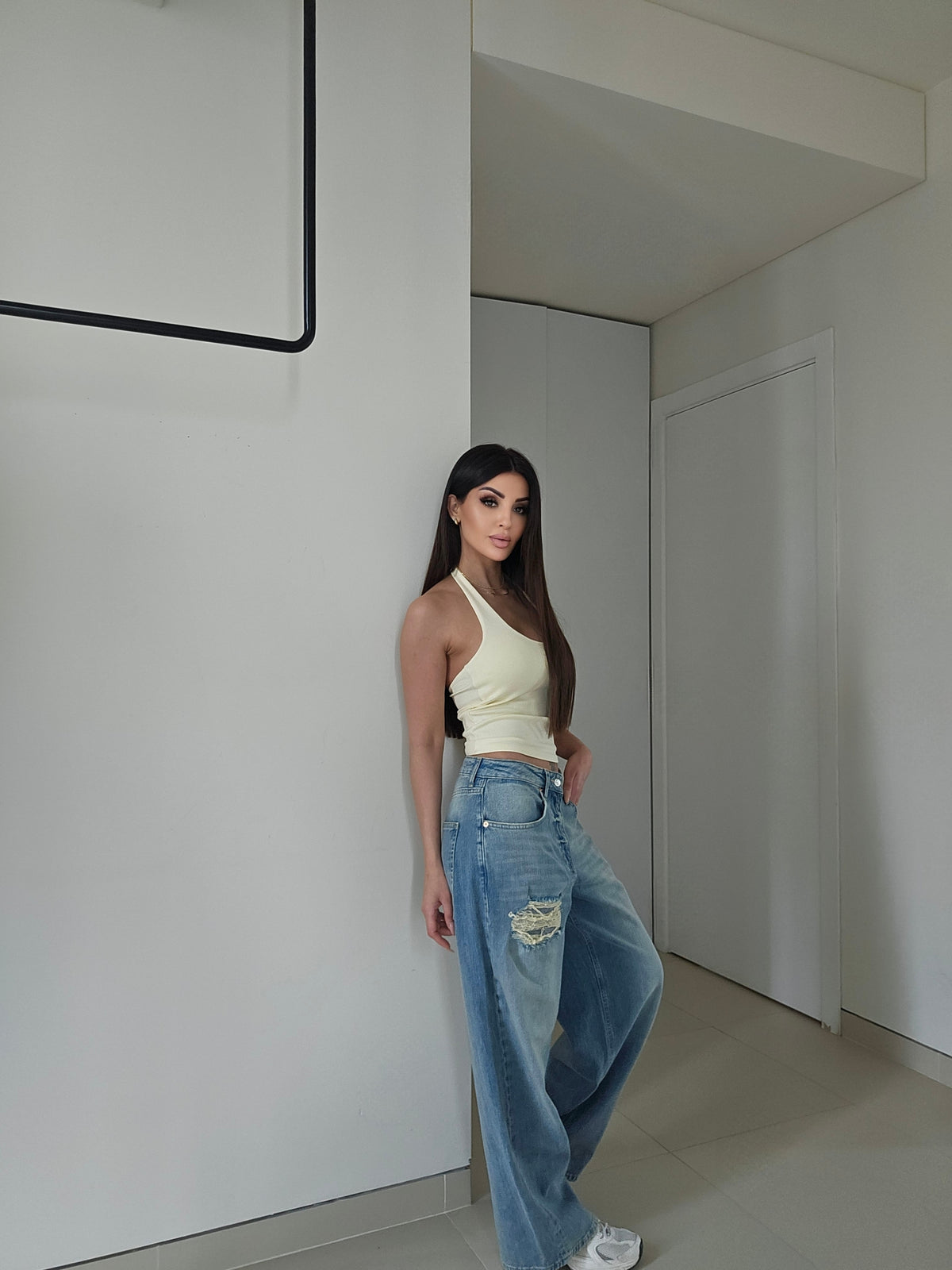 Scoop-neck halter cotton tank top