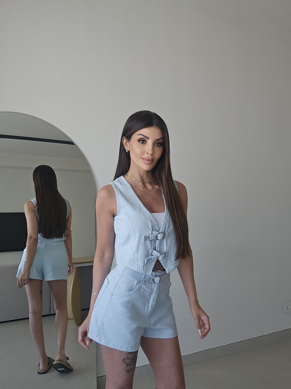 Denim buckle vest and shorts set