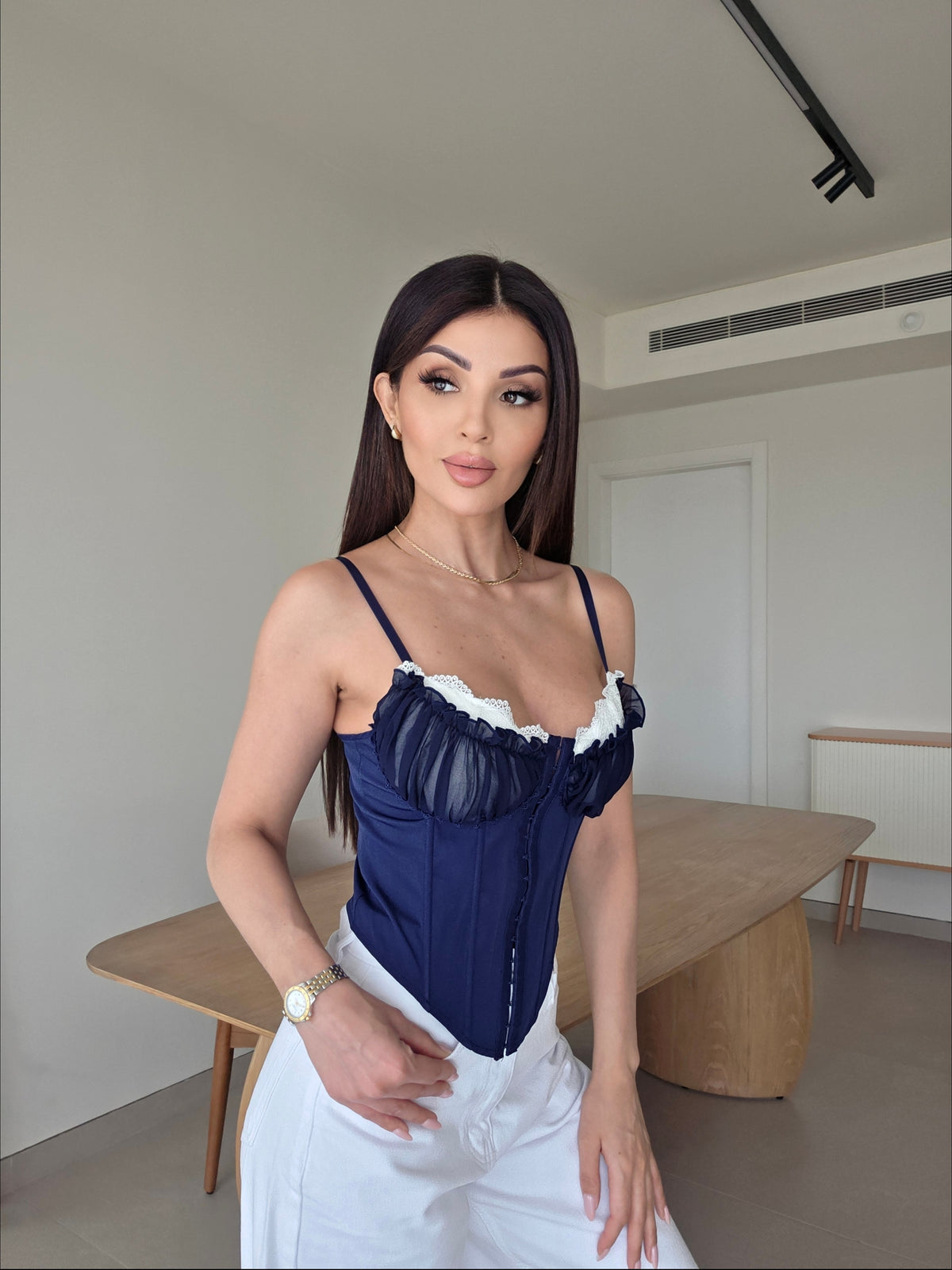 Ruffle lace buckle corset top