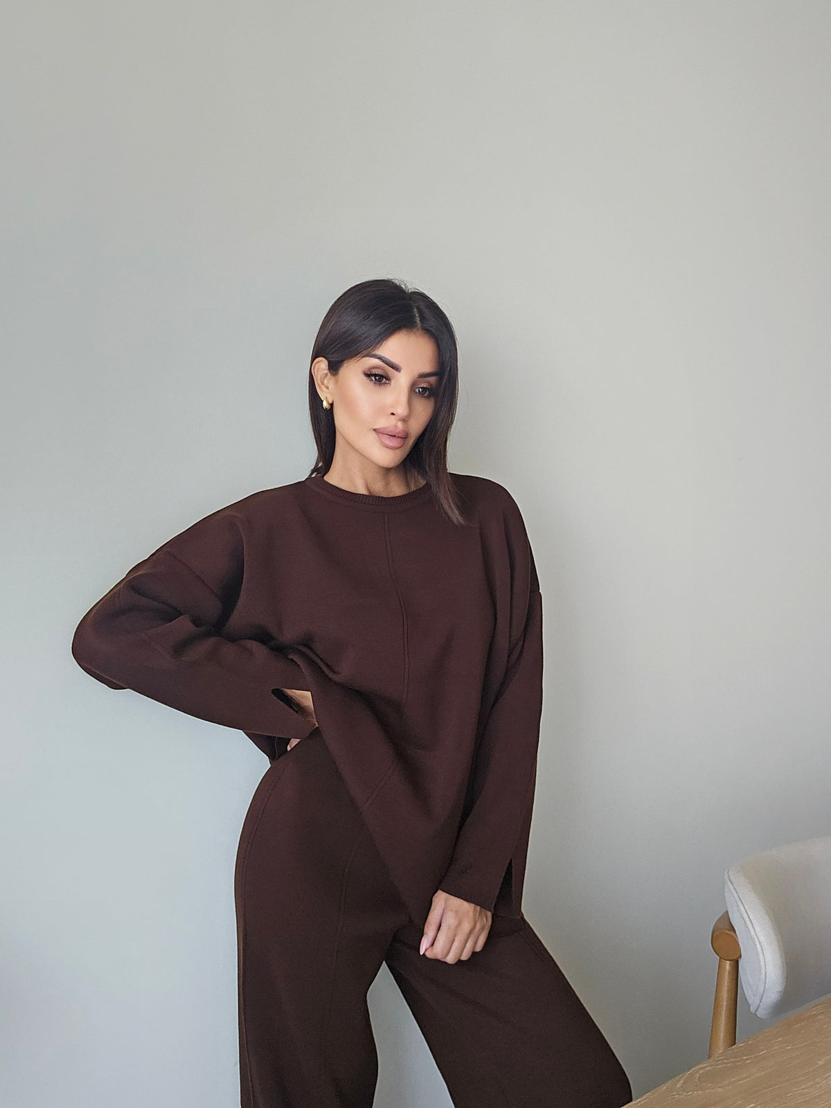 Soft knit crewneck sweater and wide-leg trousers brown loungewear co-ord set