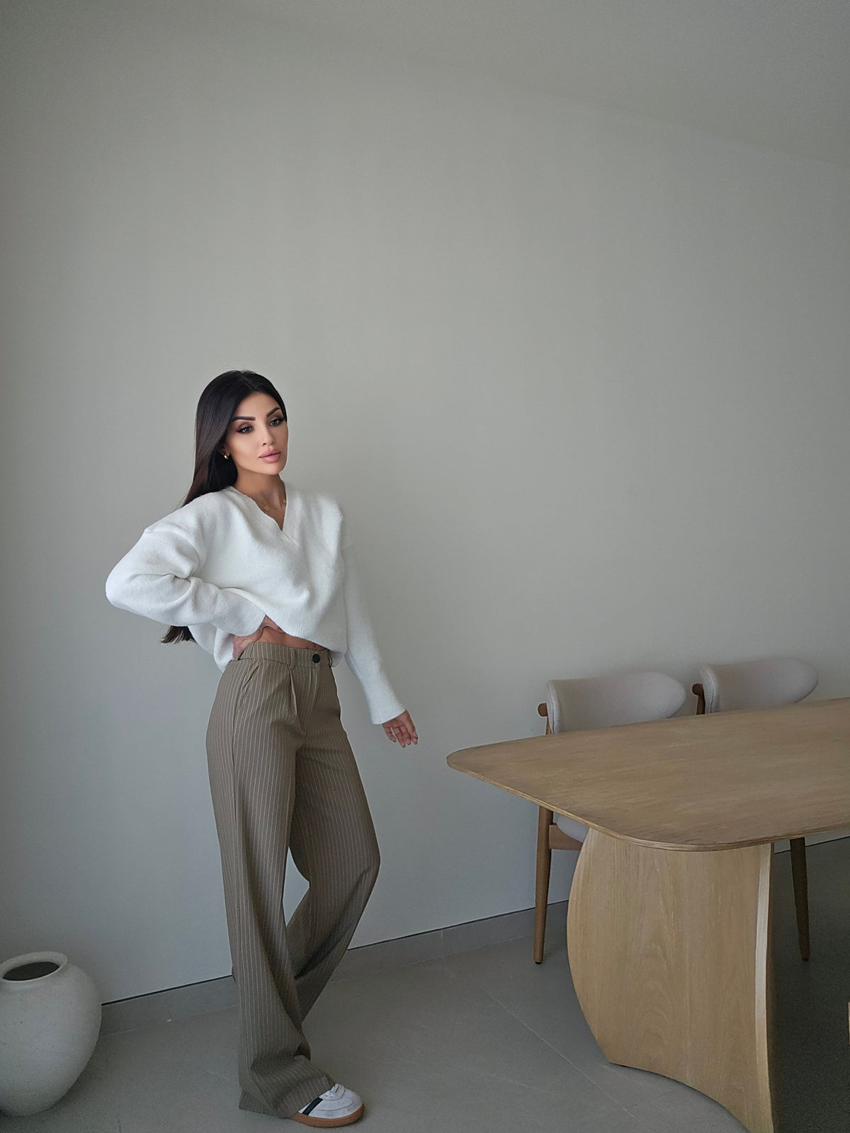Khaki mid waist pinstripe wide-leg trousers