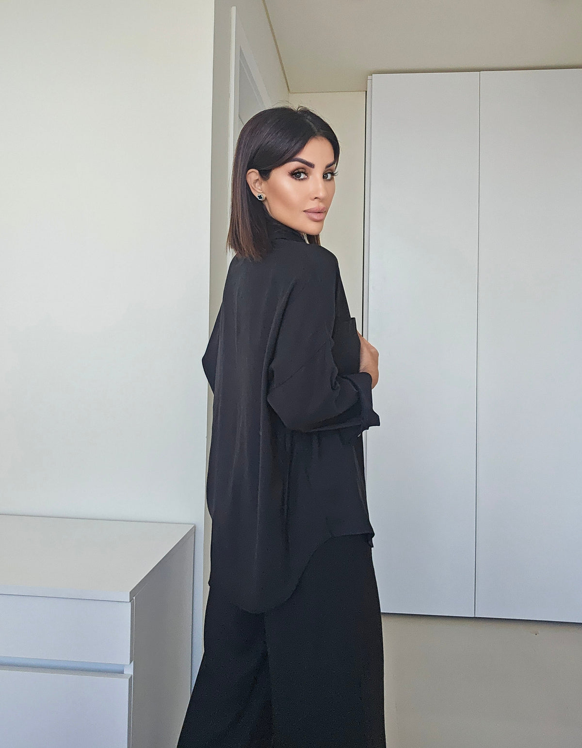 Black linen button-down shirt and elastic-waist wide-leg pants set