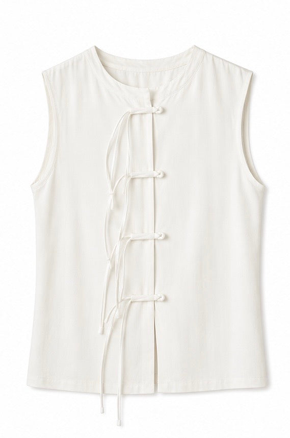 Sleeveless tencel vest top with tie frog closures