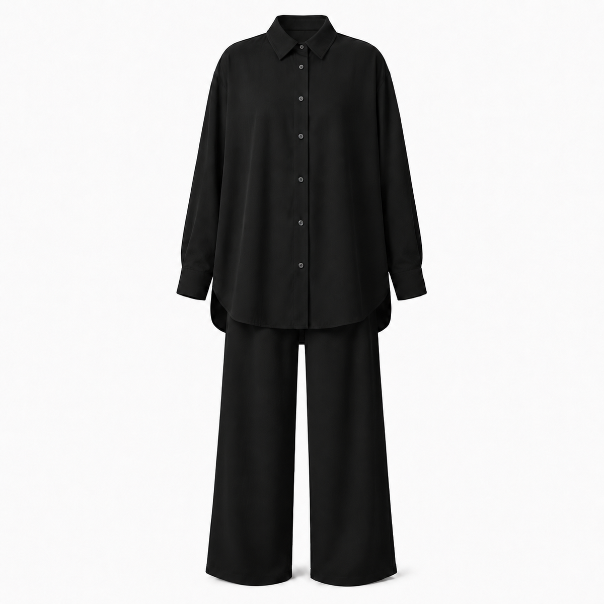Oversized button-down shirt with open back and wide-leg pants lounge co-ord set