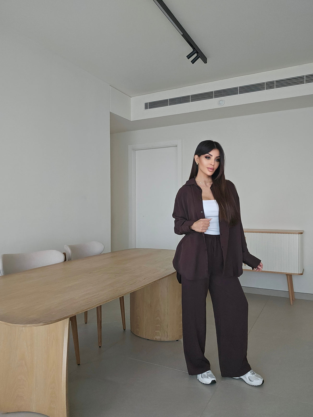 Oversized button-down shirt with open back and wide-leg pants lounge co-ord set