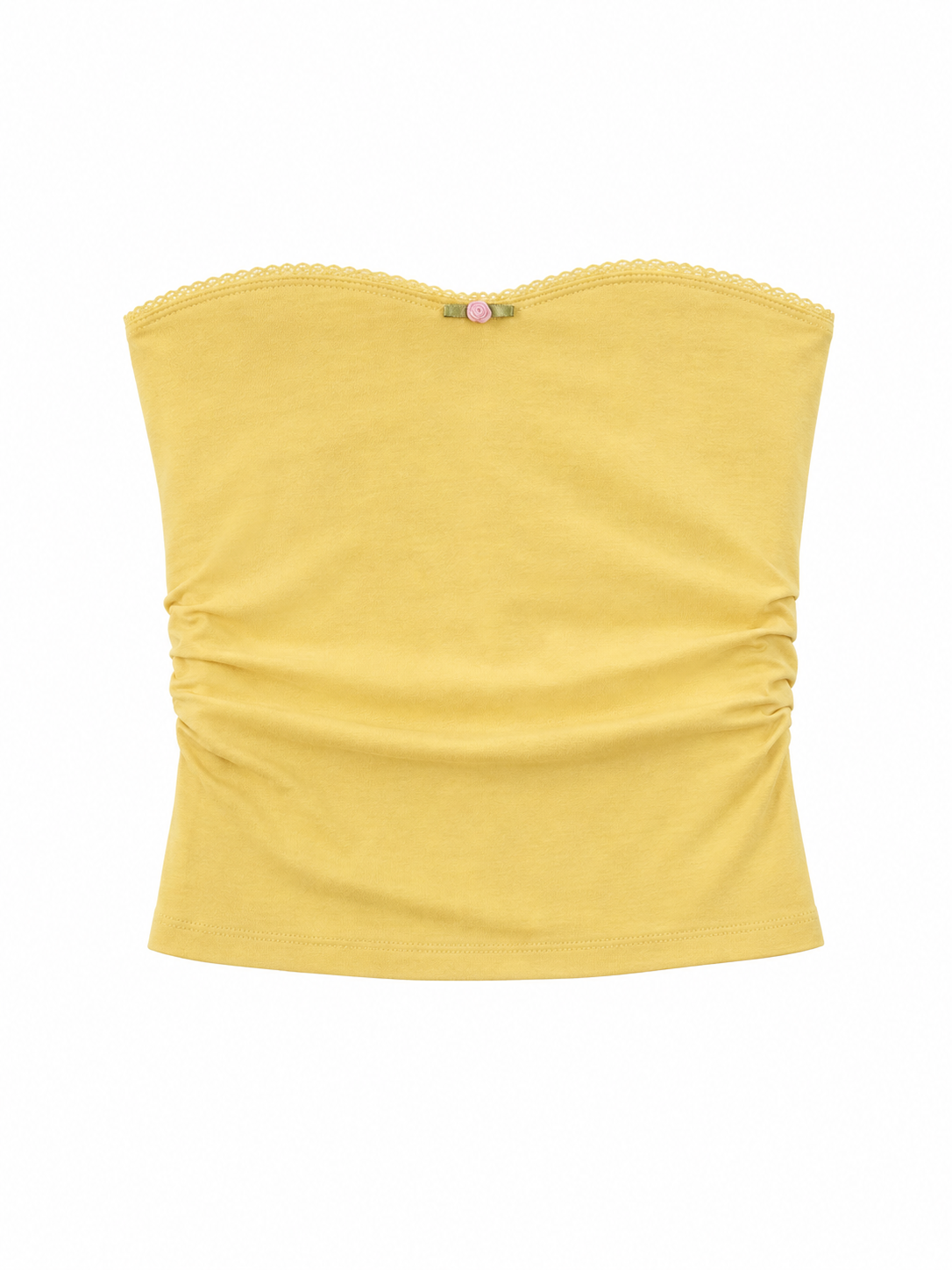 Ruched strapless tube top with rosette trim