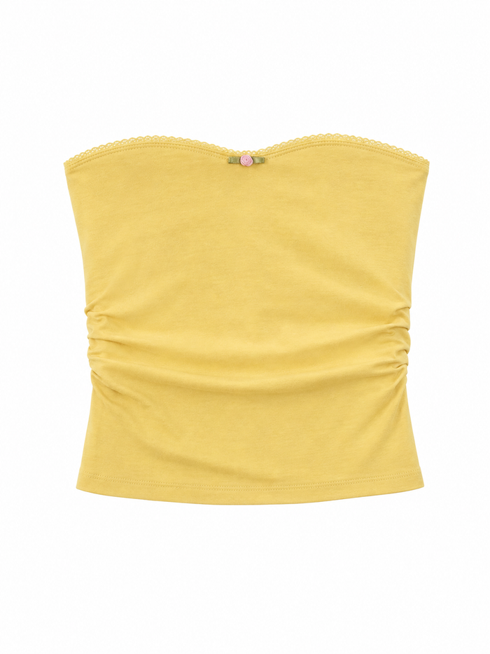Ruched strapless tube top with rosette trim