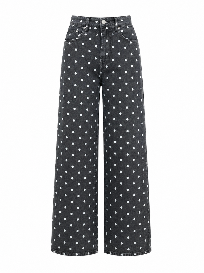 high-waisted dark grey and white polka dot wide-leg pants
